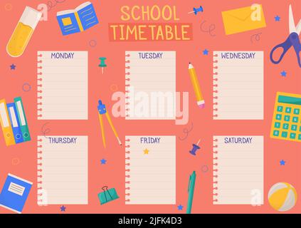 Cute childish school timetable, weekly classes schedule for kids with ...