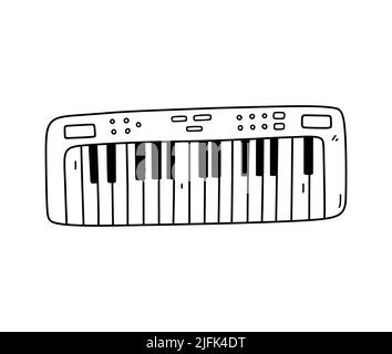 Synthesizer isolated on white background. Electronic keyboard, musical instrument. Vector hand-drawn illustration in doodle style. Perfect for cards, decorations, logo. Stock Vector