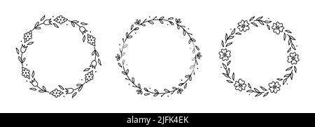 Set of spring floral wreaths isolated on white background. Round frames with flowers. Vector hand-drawn illustration in doodle style. Perfect for cards, invitations, decorations, logo, various designs Stock Vector