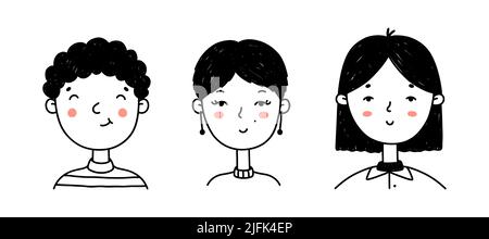 Set of cute people faces in doodle style. Portraits of happy young girls and boys isolated on white background. Perfect for social media, avatars.Vector hand-drawn illustration of cartoon characters Stock Vector