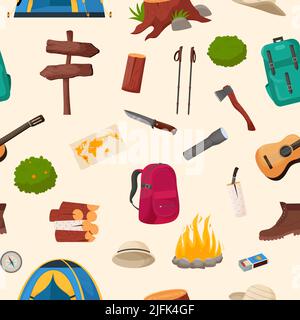 Camping and hiking seamless pattern. Summer camp travel tools collection for survival in wild, tent, backpack, map, axe, campfire and other camping eq Stock Vector