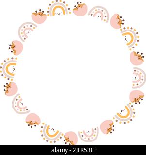 Summer vector round frame baby girl with flower and rainbow in colorful trend colors. Hand drawn naive illustrations in a simple Scandinavian style Stock Vector