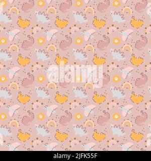 Cute Hand drawn girl dino princess seamless pattern. Children pattern with dinosaur, flower and rainbow for fashion clothes, shirt, fabric Stock Vector