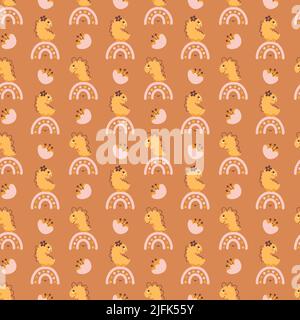 Cute vector kids seamless pattern with hand drawn girl dino, flower and rainbow on brown background. Creative childish illustration for fabric Stock Vector