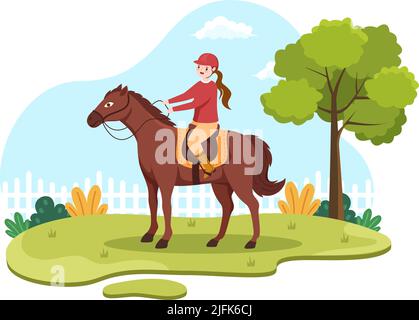 Horse Riding Cartoon Illustration with Cute People Character Practicing Horseback Ride or Equestrianism Sports in the Green Field Stock Vector