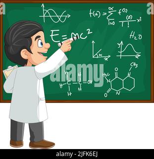 Chemistry teacher writing chemical reactions on blackboard Stock Vector