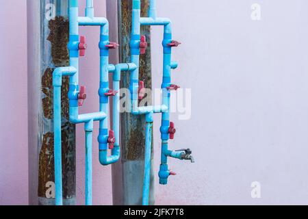 Close up pipes and valves of heating system Stock Photo