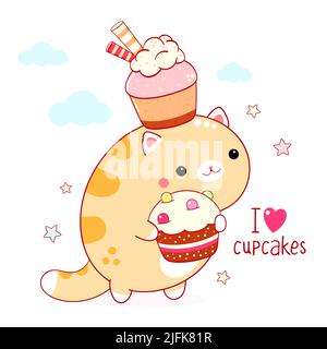 Cute square card in kawaii style. Funny fat cat with cupcakes. Inscription I love cupcakes. Can be used for t-shirt print, stickers, greeting card des Stock Vector