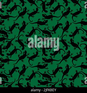 Seamless pattern of lizards reptile gecko silhouette vector. Simple silhouette pattern isolated on green background. Template for clothes, wallpaper, Stock Vector