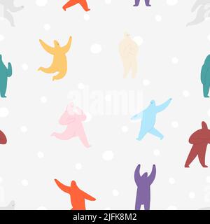 Abstract characters background. Cute yeti, cartoon snowman and giant snowfall. Funny emotional people. Decorative vector seamless pattern for kids Stock Vector
