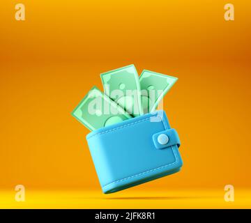 Blue wallet with cash dollar bills on yellow background Stock Photo