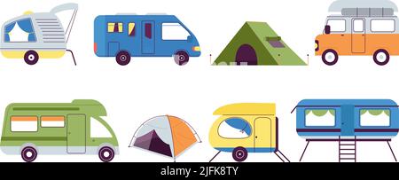 Trailers or family RV camping caravan. Tourist bus and tent for outdoor  recreation and travel. Mobile home truck. Suv Car Crossover. Tourist  transport, road trip, recreational vehicles Stock Vector Image & Art -