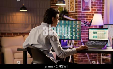 Hedge fund trader analyzing real time stock market statistics on computer and laptop screen. Global investment with financial profit on forex trade exchange, money banking sales. Stock Photo