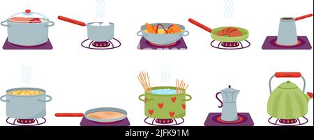 Cooking in pan. Pots and pans on gas stove or burner. Isolated hot cook kitchen process. Frying and boil in crockery, food in cookware decent vector Stock Vector