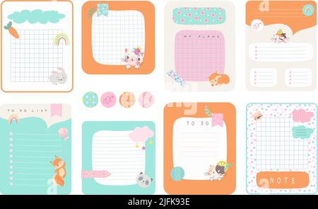 Cute planner, diary, journal, paper notebook and to do list. Decorated  notepads with stickers, photos and flowers. Cartoon notes vector set, Stock vector