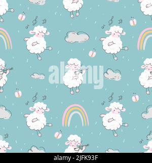 Sheep seamless pattern. Kid blanket print, white lamb and rainbow. Scandinavian style wallpaper design. Cartoon nowaday farm animals vector background Stock Vector