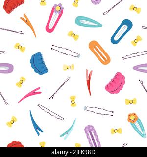 Hair accessory background. Stylist accessories, hairpin and clips. Baby girl accessories, plastic fashionable clip, barber decent vector seamless Stock Vector