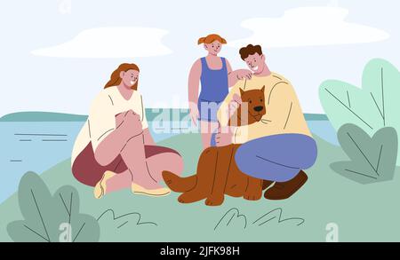 Family with dog. People adoption dogs, harmony couple, kid and pet. People walking on nature, animal owner. Active lifestyle, kicky vector characters Stock Vector