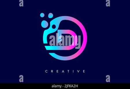 Letter D Logo Icon Design with Dots and Bubbles inside a Circular Shape in Purple Neon Colors Vector Illustration. Stock Vector