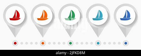Yacht concept vector icons, editable infographic template, set of colorful flat design pointers Stock Vector