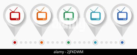 Tv concept vector icons, editable infographic template, set of colorful flat design pointers Stock Vector