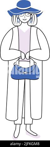 Pretty woman wearing elegant jacket and hat semi flat color vector character Stock Vector
