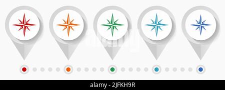 Compass concept vector icons, editable infographic template, set of colorful flat design pointers Stock Vector