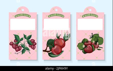 Tags for jars. Strawberry, raspberry and apple. Homemade jam. Kitchen emblems. Homemade home cooking. Stock Vector