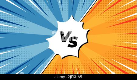 Logo of versus. Letters VS on background in comics style for sports and fight, martial arts, competition. Blue and orange background with halftone eff Stock Vector