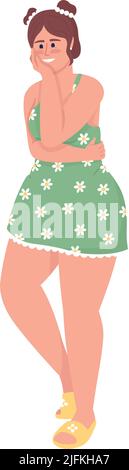 Joyful plump woman hugging herself semi flat color vector character Stock Vector