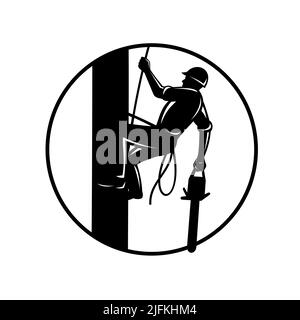 Retro woodcut style illustration of an arborist, lumberjack or tree surgeon with chainsaw climbing up a tree set inside circle on isolated background