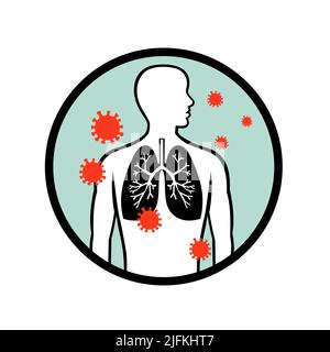 Retro style illustration of coronavirus cell infecting the human lungs or respiratory system set inside circle shape on isolated white background.