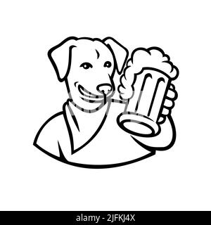 Sports mascot icon illustration of an English Lab or Labrador dog holding a beer mug toasting viewed from front on isolated background in Black and