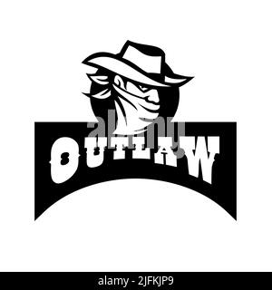 Retro style illustration of a cowboy outlaw or bandit wearing face mask or bandana covering his face with banner and text Outlaw in Black and White.