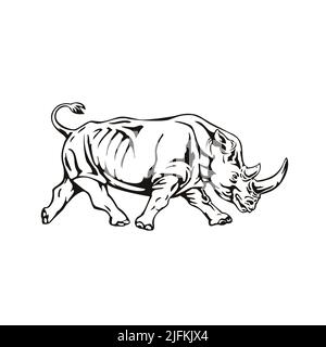 Retro woodcut style illustration of a white rhinoceros or square-lipped rhinoceros, the largest extant species of rhinoceros, running and charging