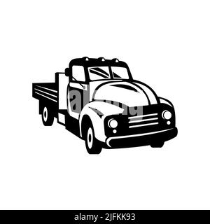 Retro woodcut black and white style illustration of a classic vintage American pickup truck with wood side rails viewed from front on high angle on