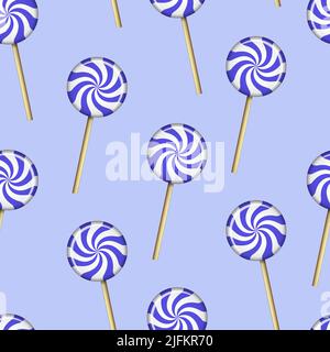 Seamless pattern with purple lollipops isolated background. Cartoon retro style sweet candy vector wallpaper. Stock Vector