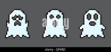 Set of vector pixel art ghost. Pixel character ghosts. Pixel art ghosts set. Retro 8 bit pixel ghosts and spirits icons. Pixel art paranormal ghosts p Stock Vector