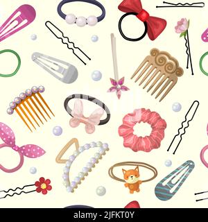 Hair accessories pattern. Beauty stylish items for hair grooming and care processes plastic pins rubber bands recent vector seamless background in Stock Vector