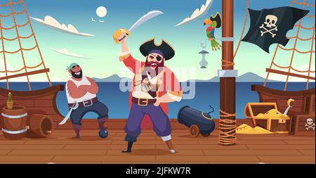 Pirate ship background. Sailors filibusters with weapons standing on battleship deck exact vector template in cartoon style Stock Vector