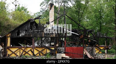 Kiev, Ukraine May 15, 2020: cafe after a fire in the hydropark city of Kiev Stock Photo