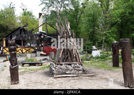 Kiev, Ukraine May 15, 2020: cafe after a fire in the hydropark city of Kiev Stock Photo