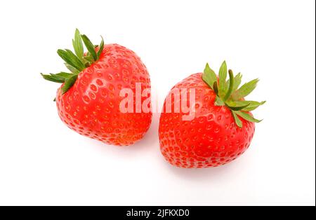 two ripe red english strawberries on white background Stock Photo