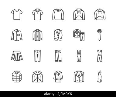 Cloth flat line icons set. Apparel - jacket, hoody, sweatshirt, male pants, polo shirt, jeans, coat, tie vector illustrations. Outline signs for Stock Vector