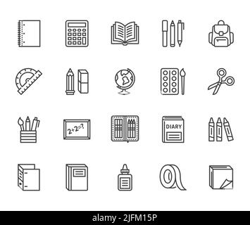 School supplies flat line icons set. Study tools - globe, calculator, book, pencil, scissors, ruler, notebook vector illustration. Thin signs for Stock Vector