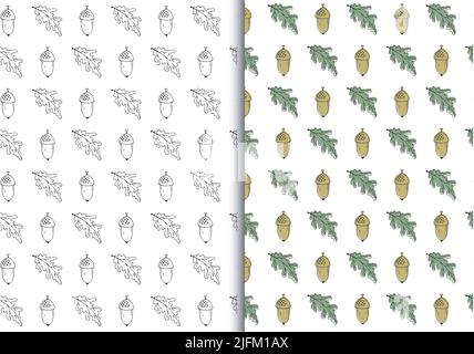 Autumn hand drawn seamless patterns, collection of 2. Oak leaf, acorn black outline contours, cartoon colored illustration. Transparent geometrical Stock Vector