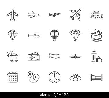 Aircraft flat line icons set. Airplane, helicopter, air taxi, skydiving, balloon, aero tube, paragliding vector illustration. Thin signs for plane Stock Vector