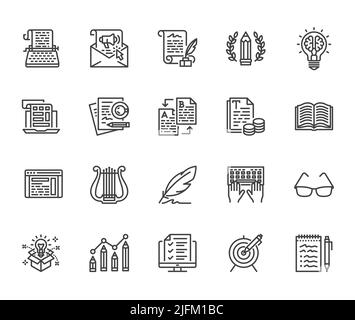 Copywriting flat line icons set. Writer typing text, social media content, e-mail newsletter, creative idea, typewriter vector illustrations. Writing Stock Vector