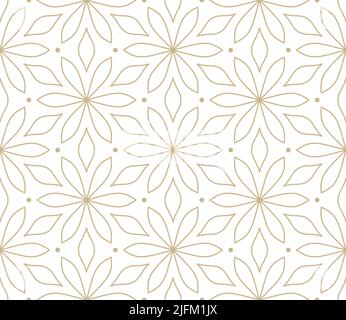 Modern simple geometric vector seamless pattern with gold flowers, line texture on white background. Light abstract floral wallpaper, bright tile Stock Vector