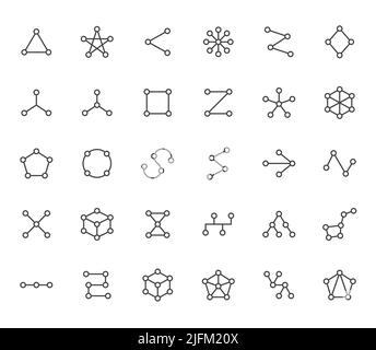 Abstract geometrical flat icons set. Circles connected with lines shapes, variety concept, topology network vector illustrations. Outline signs Stock Vector